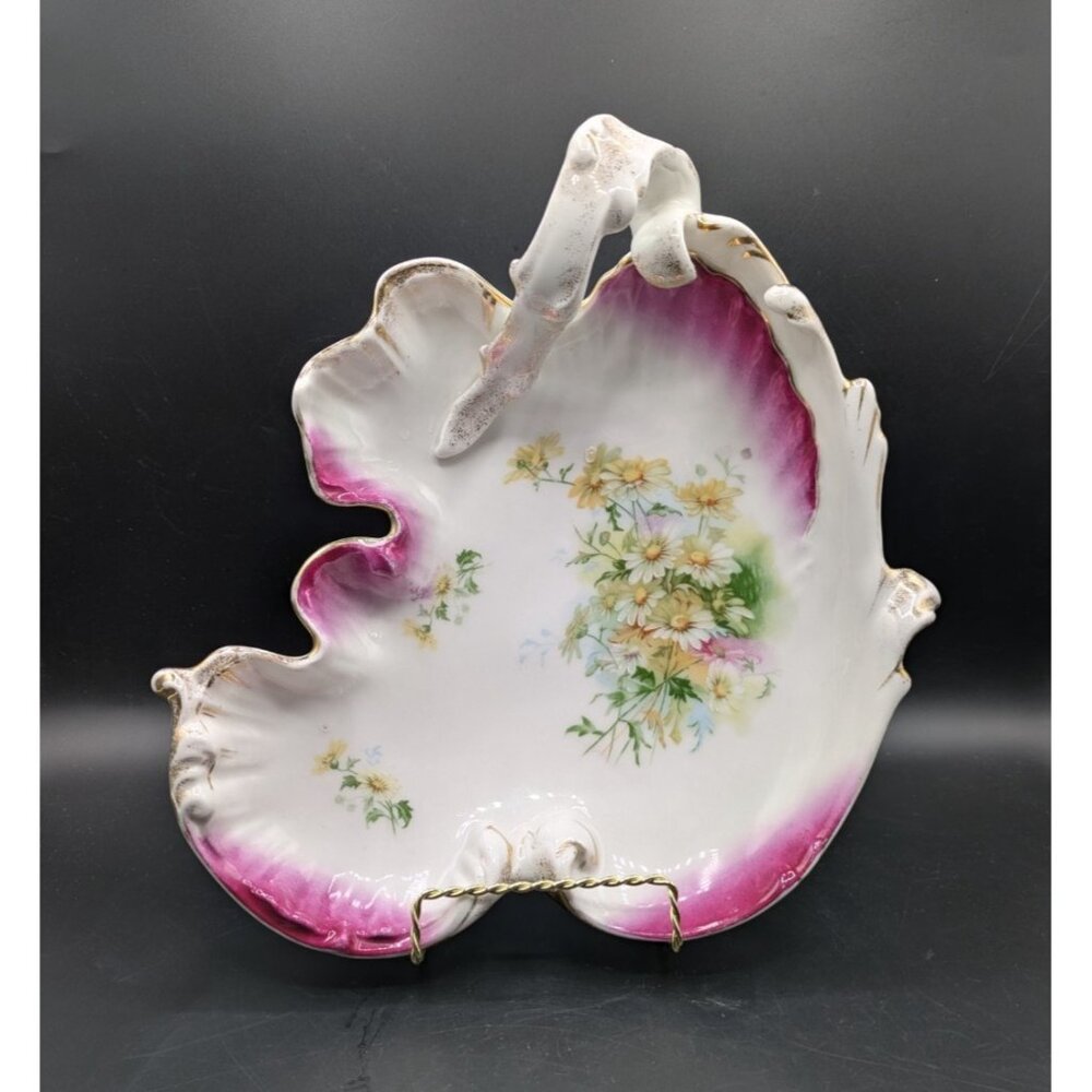 Antique CT Carl Tielsch Germany Handled Bowl Dish Pink Floral Porcelain Tray